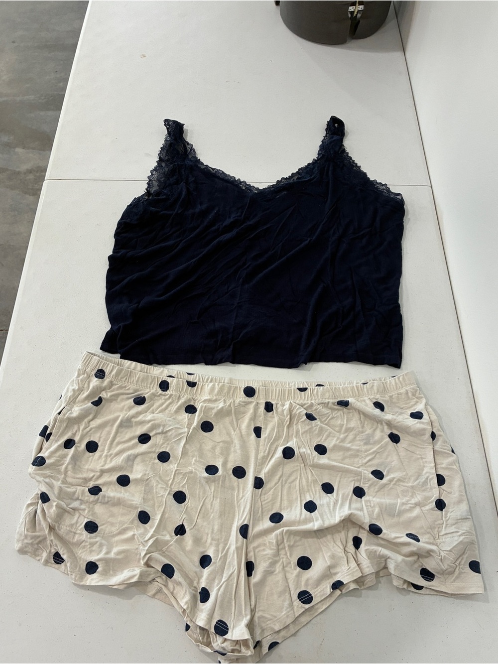 Soma Cool Nights Pajama Set XXL Navy Lace Trim Cami & Polka Dot Shorts